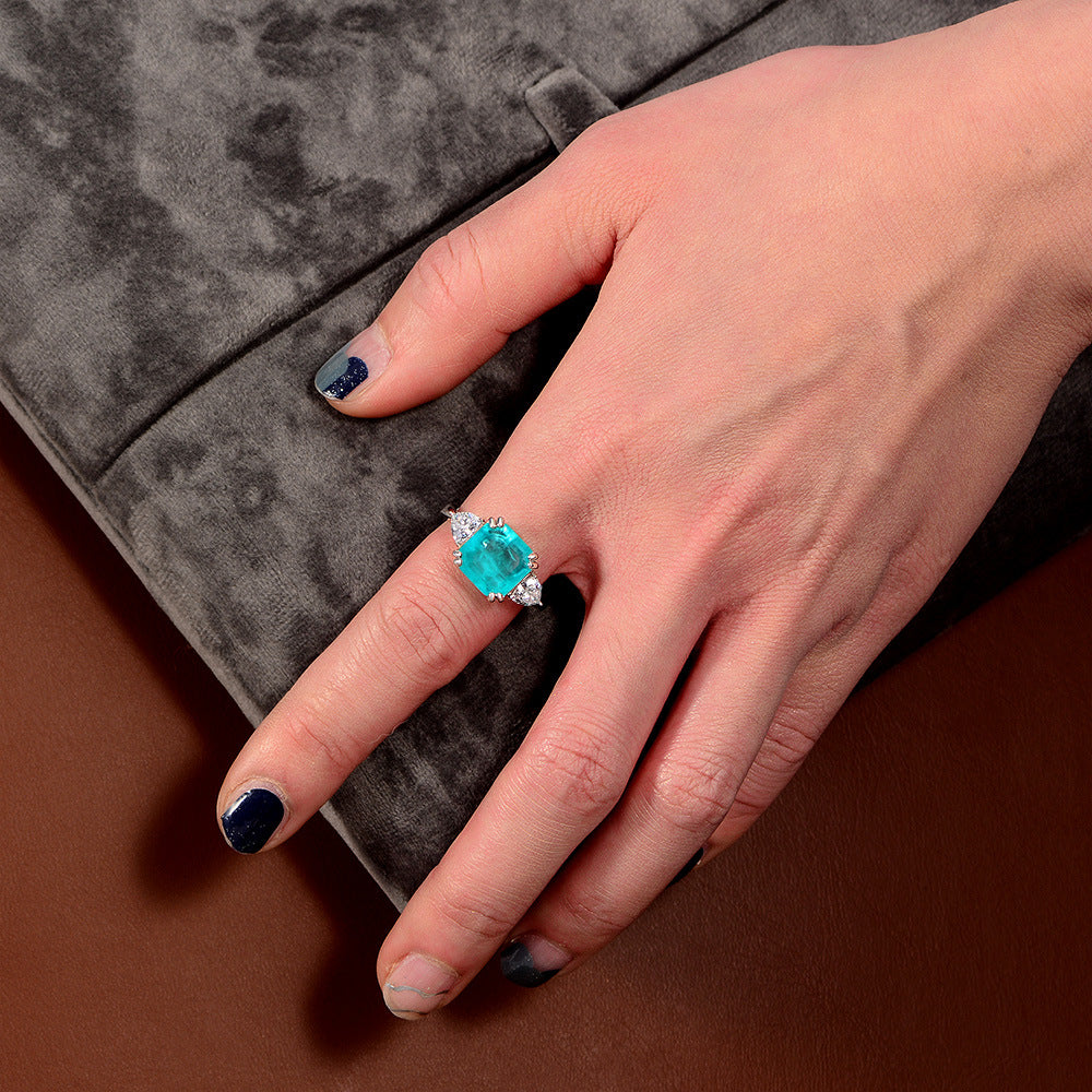 3.8Ct Square 10x10mm Synthetic Paraiba Asscher Cut High-Carbon Diamond 925 Silver Ring