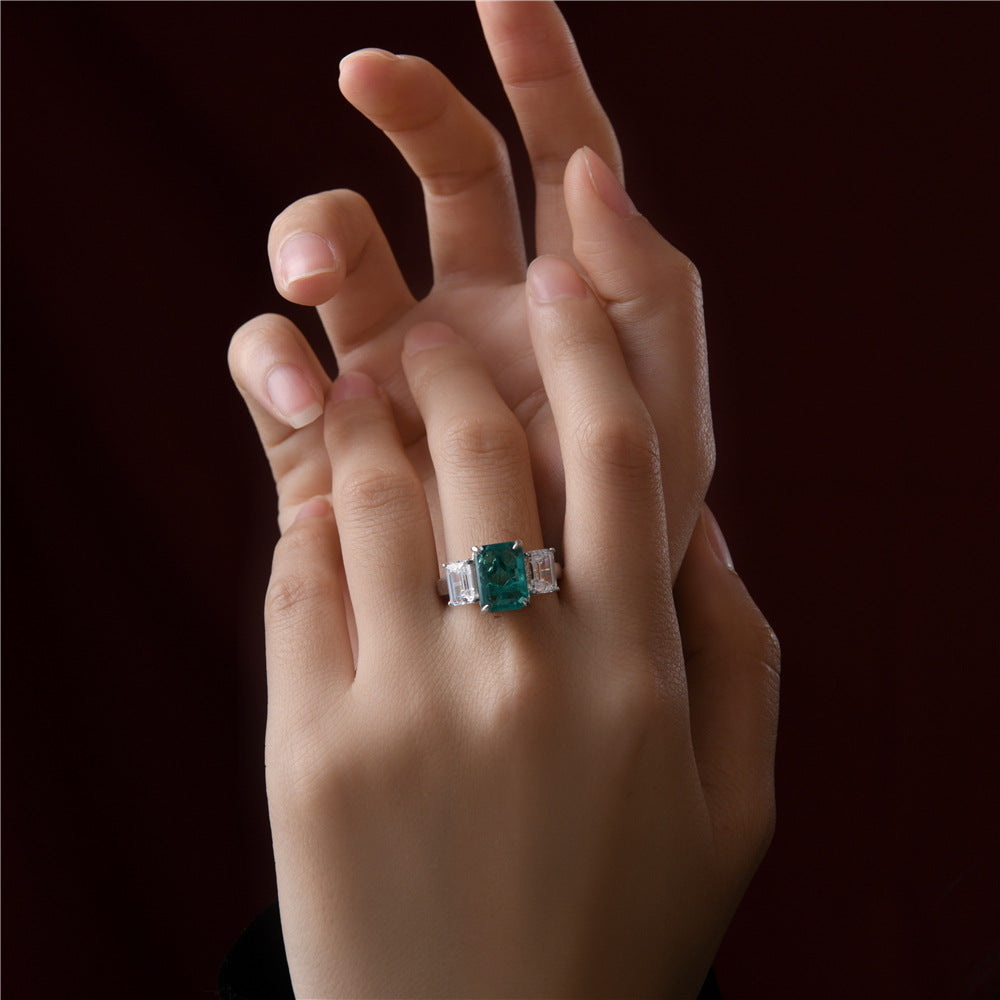4 Carat Emerald-Green High Carbon Diamond Ring – Sterling Silver 8×11mm Minimalist European Luxury