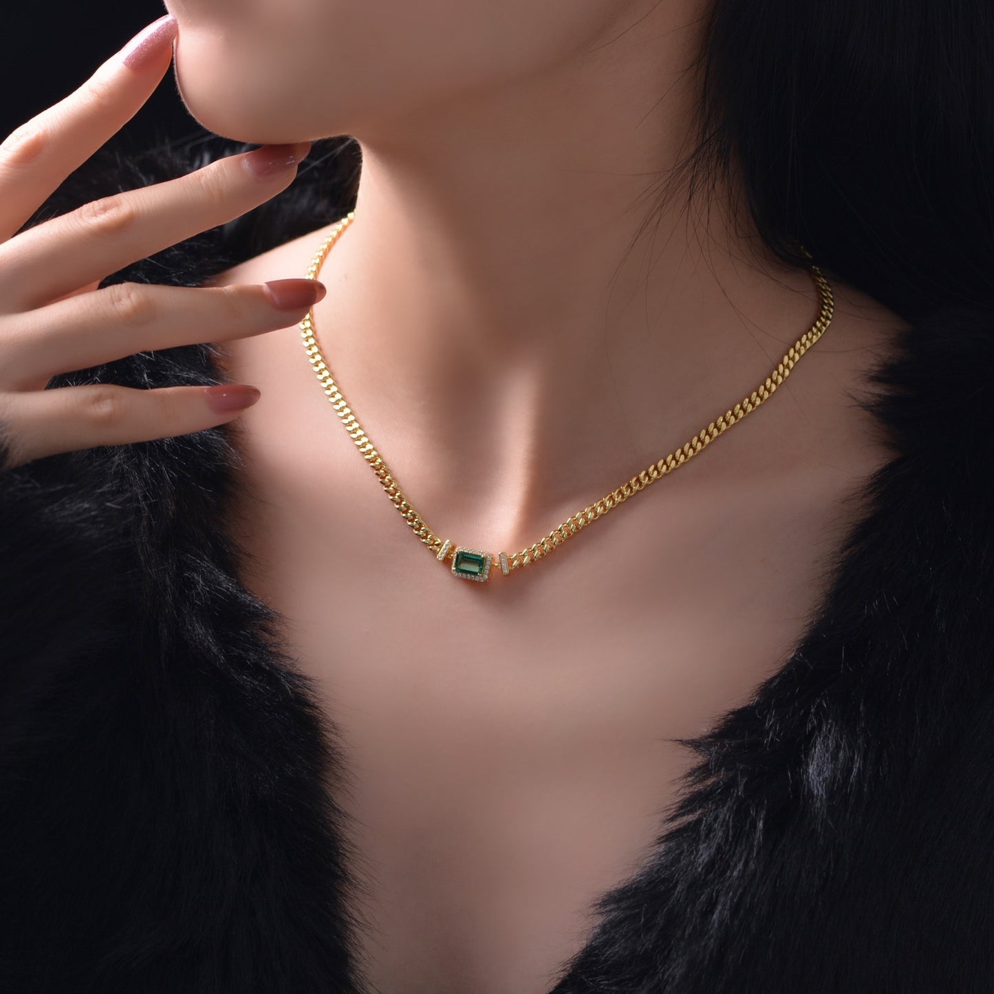 2025 New 1Ct Rectangle 5x7mm Lab-Grown Emerald Sterling Silver Adjustable Necklace, 40+5+3cm