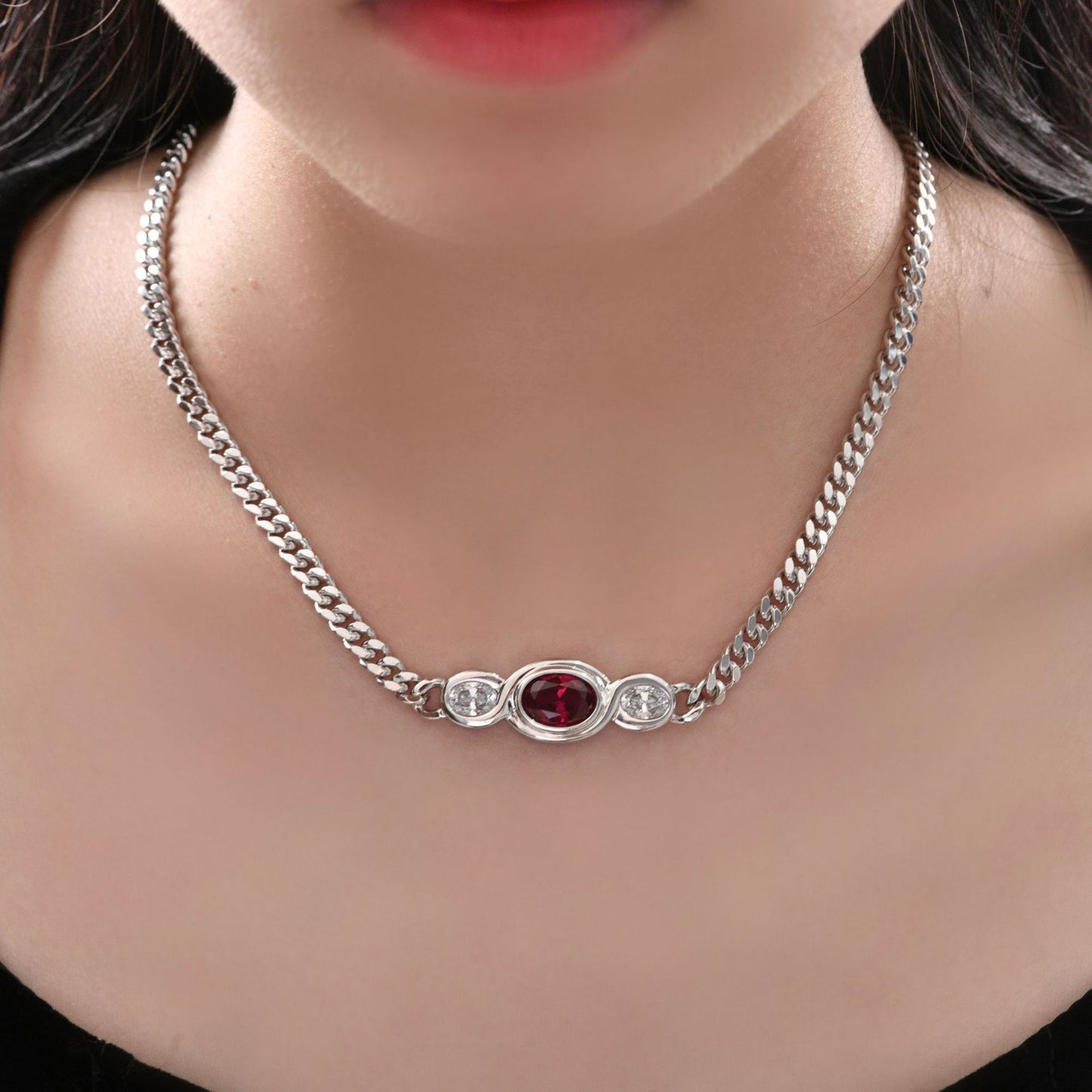 3.4Ct Oval Lab-Grown Ruby/Sapphire 8x11mm High-Carbon Diamond Cuban Chain, 45cm
