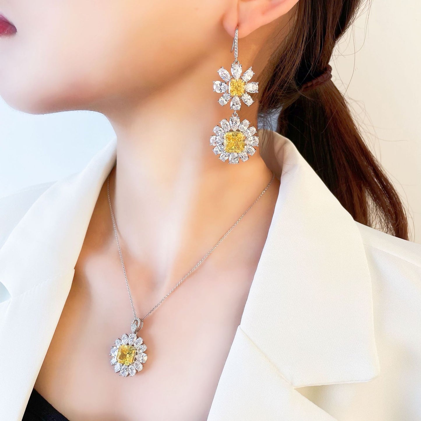 5ct Yellow High Carbon Diamond Pendant Earrings 10x10mm Frosted Cut | Premium 925 Sterling Silver Ear Jewelry