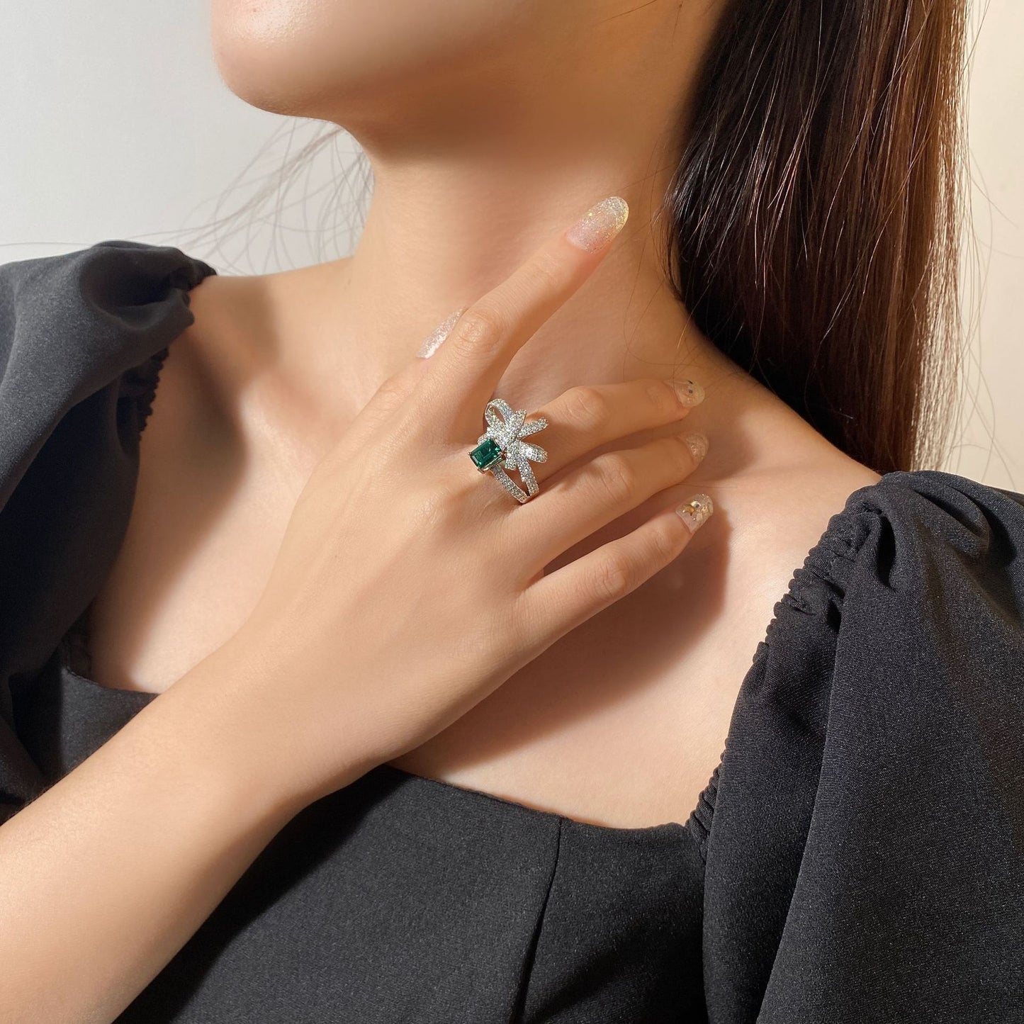 1 Carat 5×7mm Lab Emerald Bow Tie Ring – Sterling Silver Zambian Green Luxury Women’s Jewelry