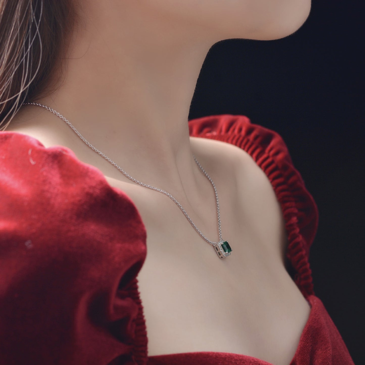 1.5Ct Rectangular 6x8mm Zambian Color Lab-Grown Emerald Necklace 3-Piece Jewelry Set, 40+5cm