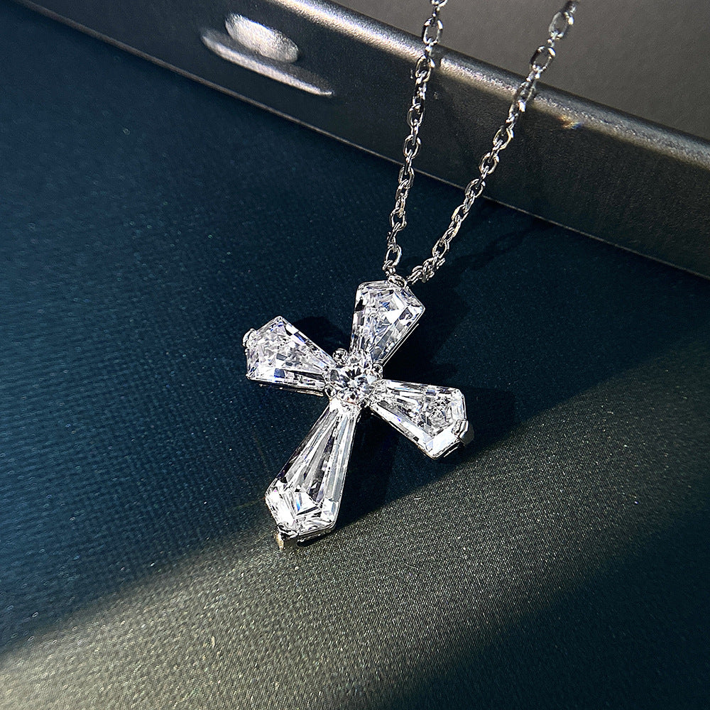 Sterling silver 4Ct Fancy 6x12mm Cross Pendant Necklace, Fully Diamond-Cut, 40+3cm Chain