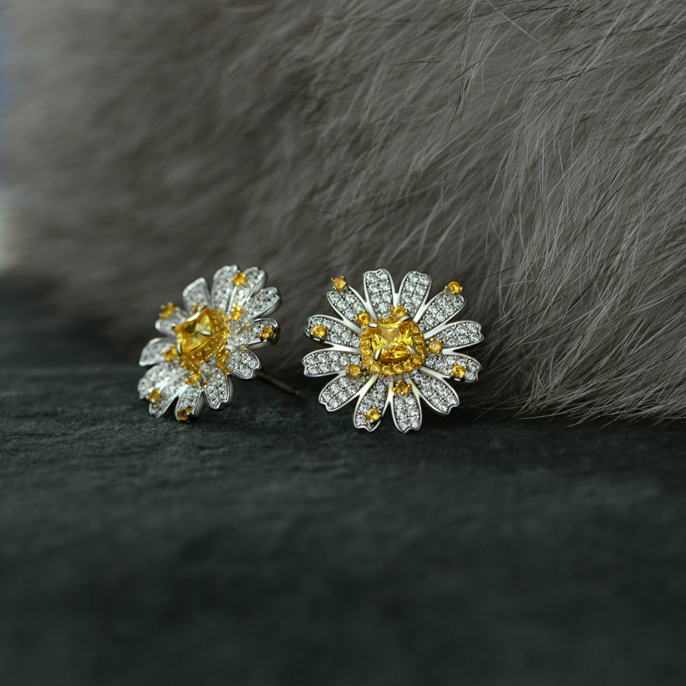 Best-Selling 925 Sterling Silver Full Diamond Setting 0.5ct Cushion 4x4mm Yellow Floral Stud Earrings | Fashion Women's Jewelry