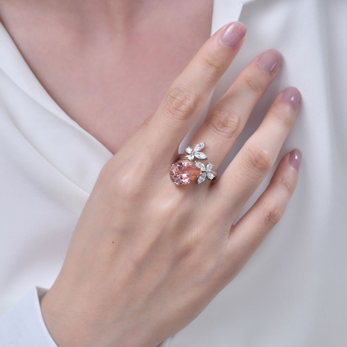 5 Carat Pink Pear Cut High Carbon Diamond Open Ring – Butterfly Accent, Trendy Minimalist Style