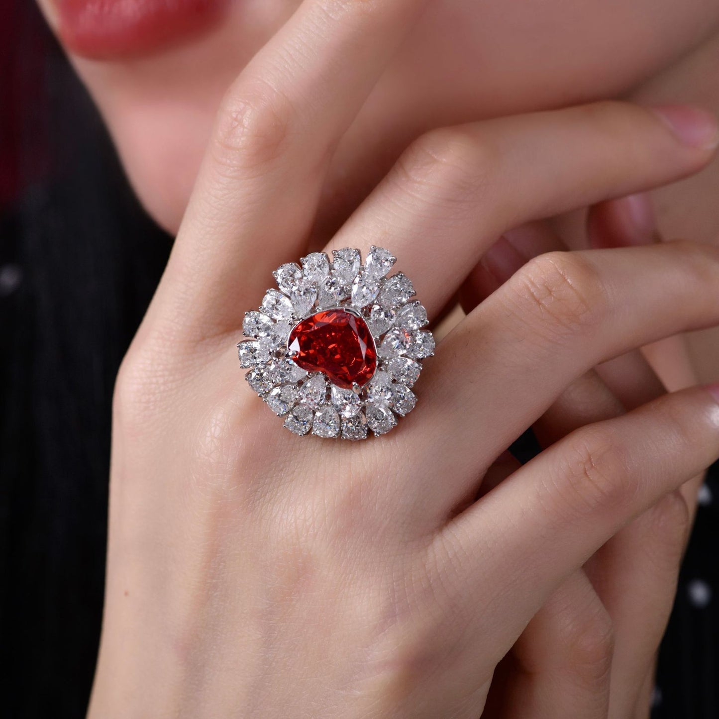10 Carat Padma Red Heart Cut High Carbon Diamond Ring – 10×12mm Ice-Flower Pavé Sterling Silver Women’s Ring