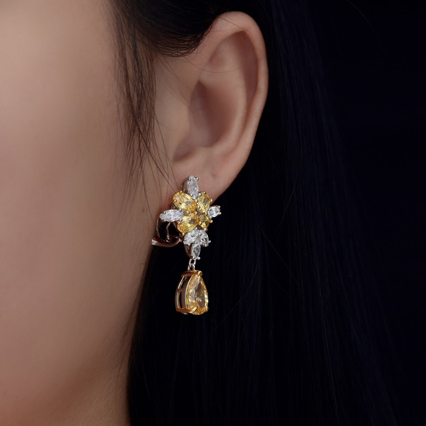 4ct Pear Frosted Cut Yellow High Carbon Diamond 7x10mm Earrings | Premium Light Luxury Ear Jewelry