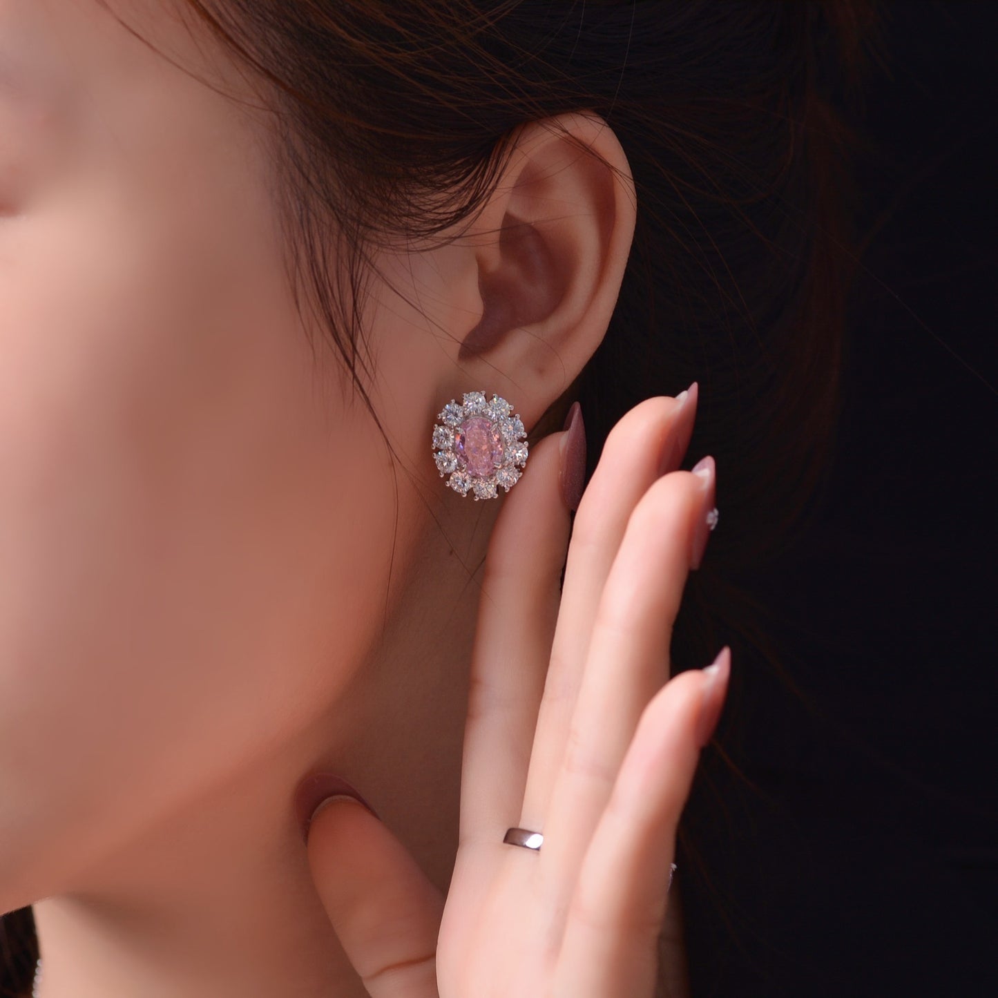 925 Sterling Silver Earrings 2-Carat High Carbon Diamond Earrings for Women, High-End Frosted Cut Pink Oval 7*9