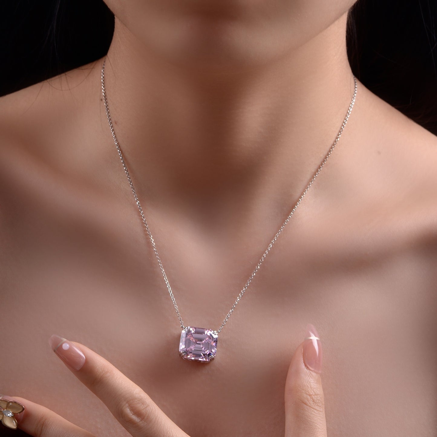 2025 New Pink Rectangular Pagoda 14x16mm High-Carbon Diamond 925 Silver Necklace