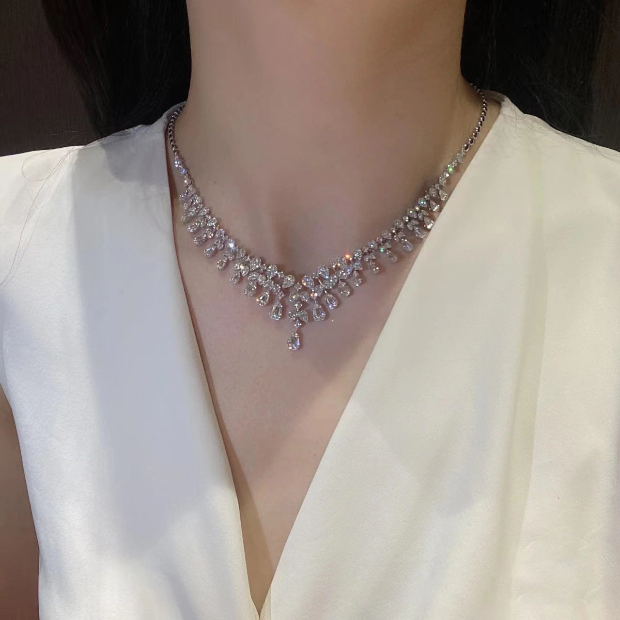 2Ct White Teardrop 7x11mm High-Carbon Diamond 925 Silver Necklace