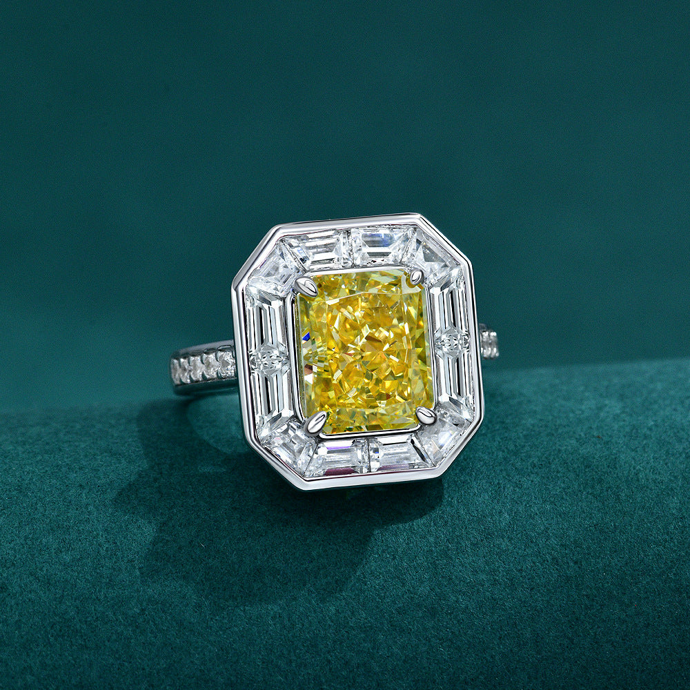 4Ct Rectangle 8x10mm Golden High-Carbon Diamond S925 Silver Fashion Ring