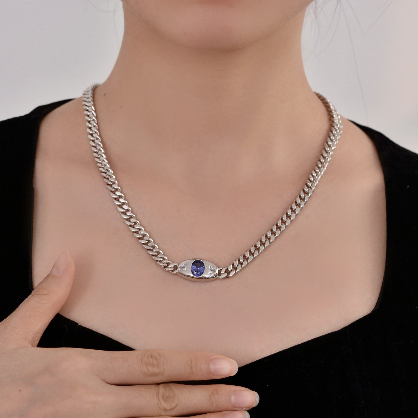 Eye Necklace Sterling Silver - 2 Carat Oval Tanzanite Pendant - 48cm Cuban Link Chain for Women