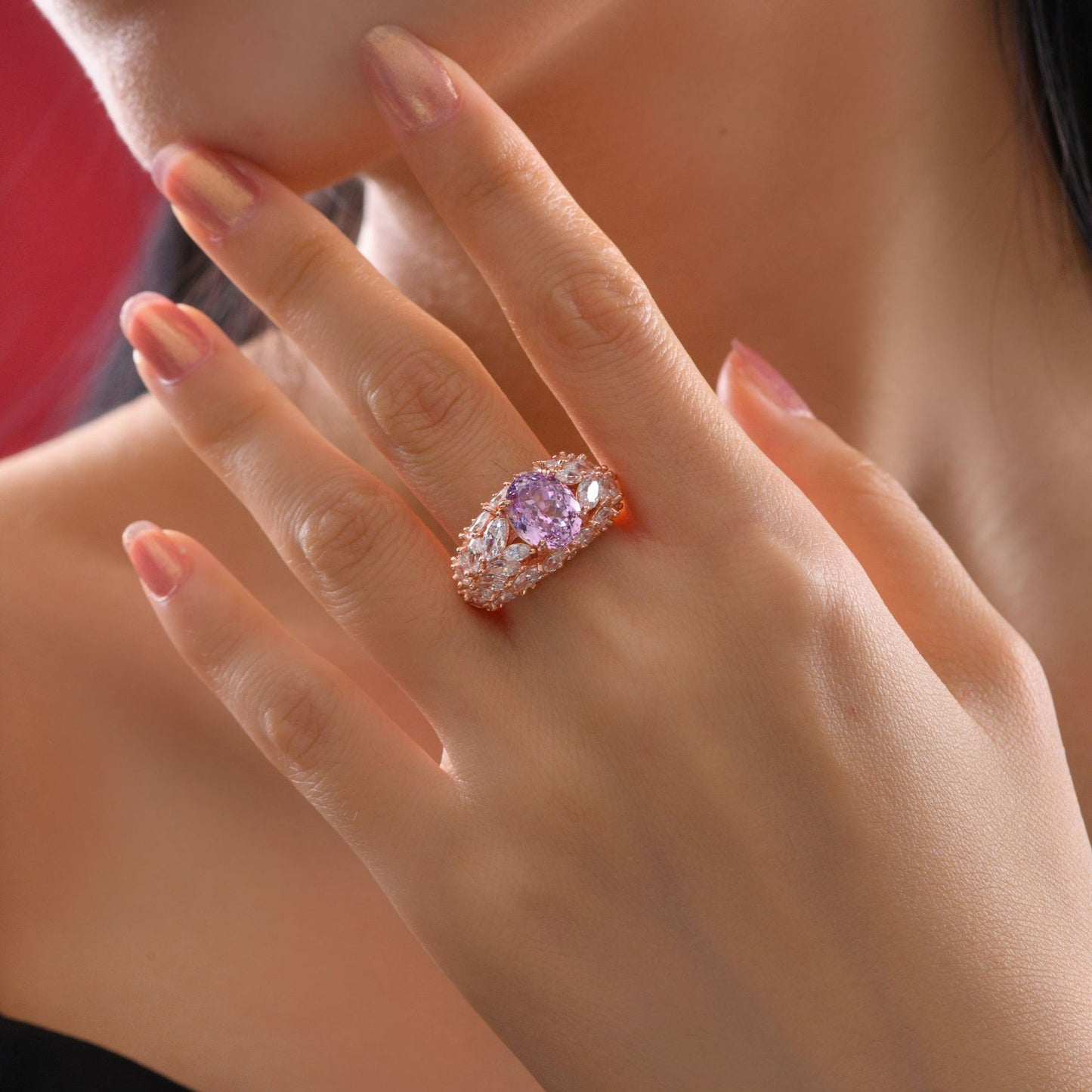 2 Carat Oval Lotus Cut High Carbon Diamond Ring – Pink or Blue Sparkling Elegance