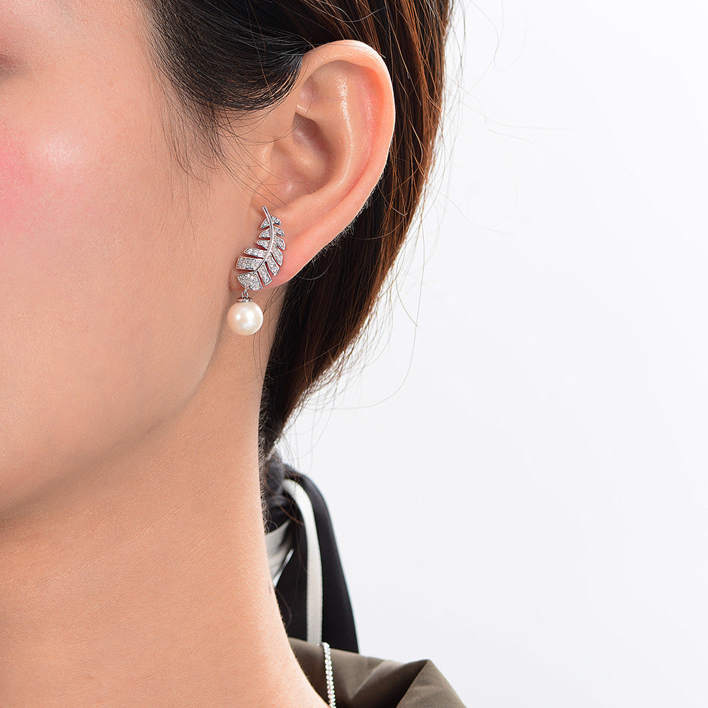 8mm White Mother-of-Pearl Feather Pendant Earrings with High Carbon Diamond | Unique Elegant Stud Earrings for Women