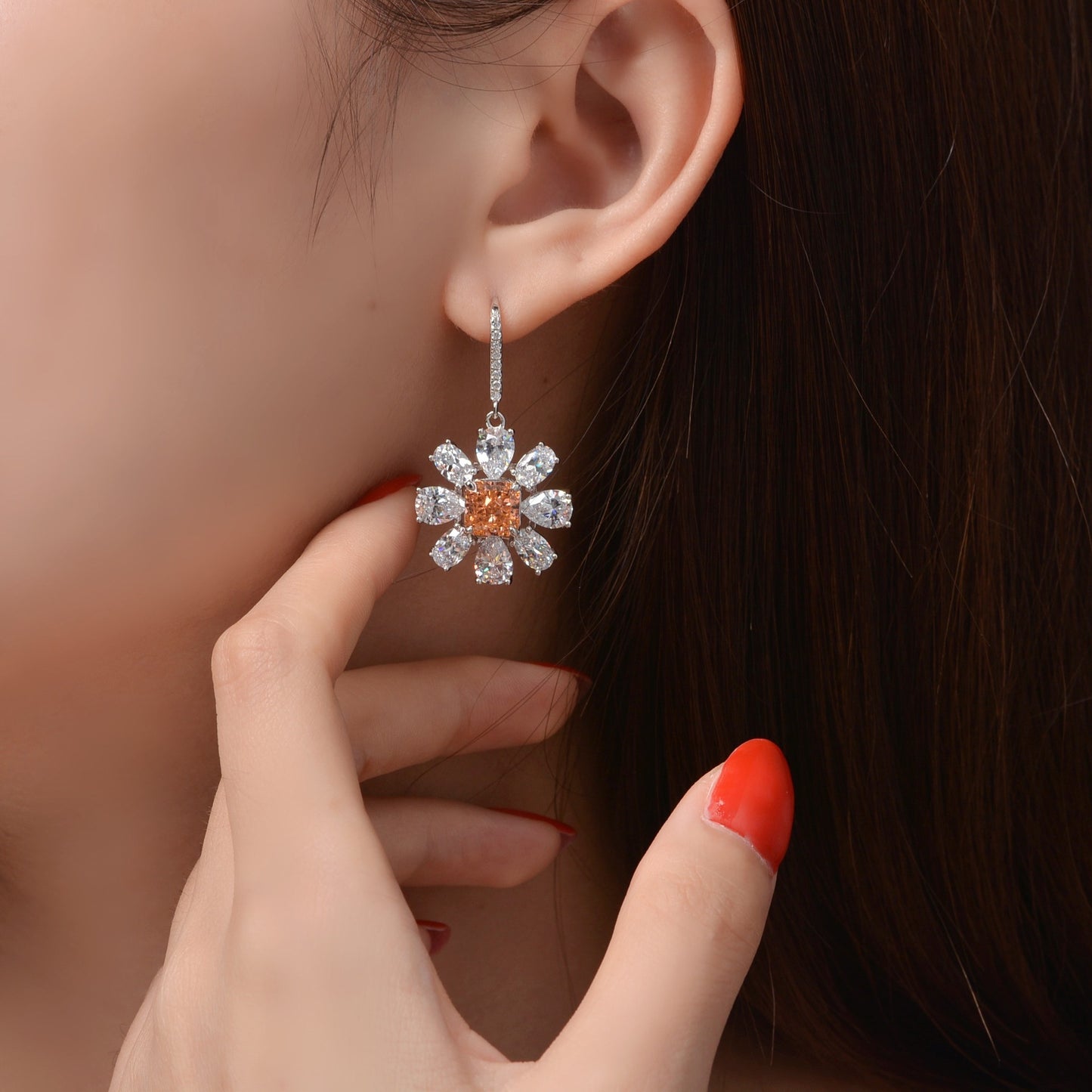 925 Sterling Silver Earrings Color-Shift Floral Bloom Earrings - Lightweight Luxury Orange Diamond Jewelry