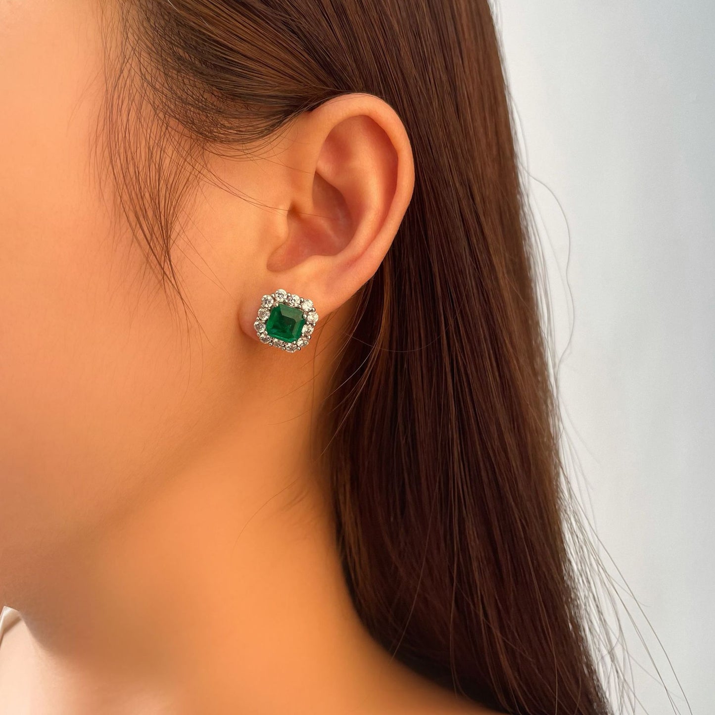 Sterling silver earrings 2025 Square Synthetic Emerald Studs - Vintage Full Pave