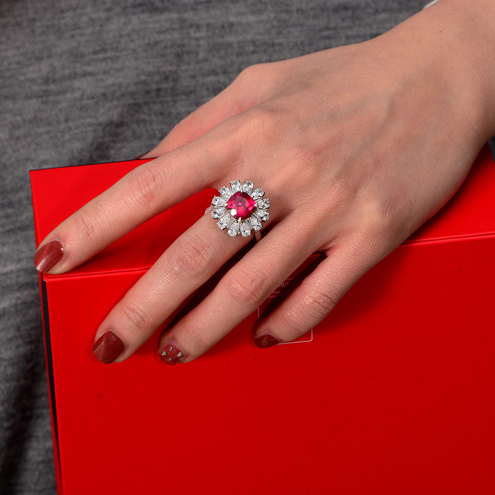 2025 New 3Ct Cushion 9x9mm Lab-Grown Ruby with Halo 925 Sterling Silver Ring