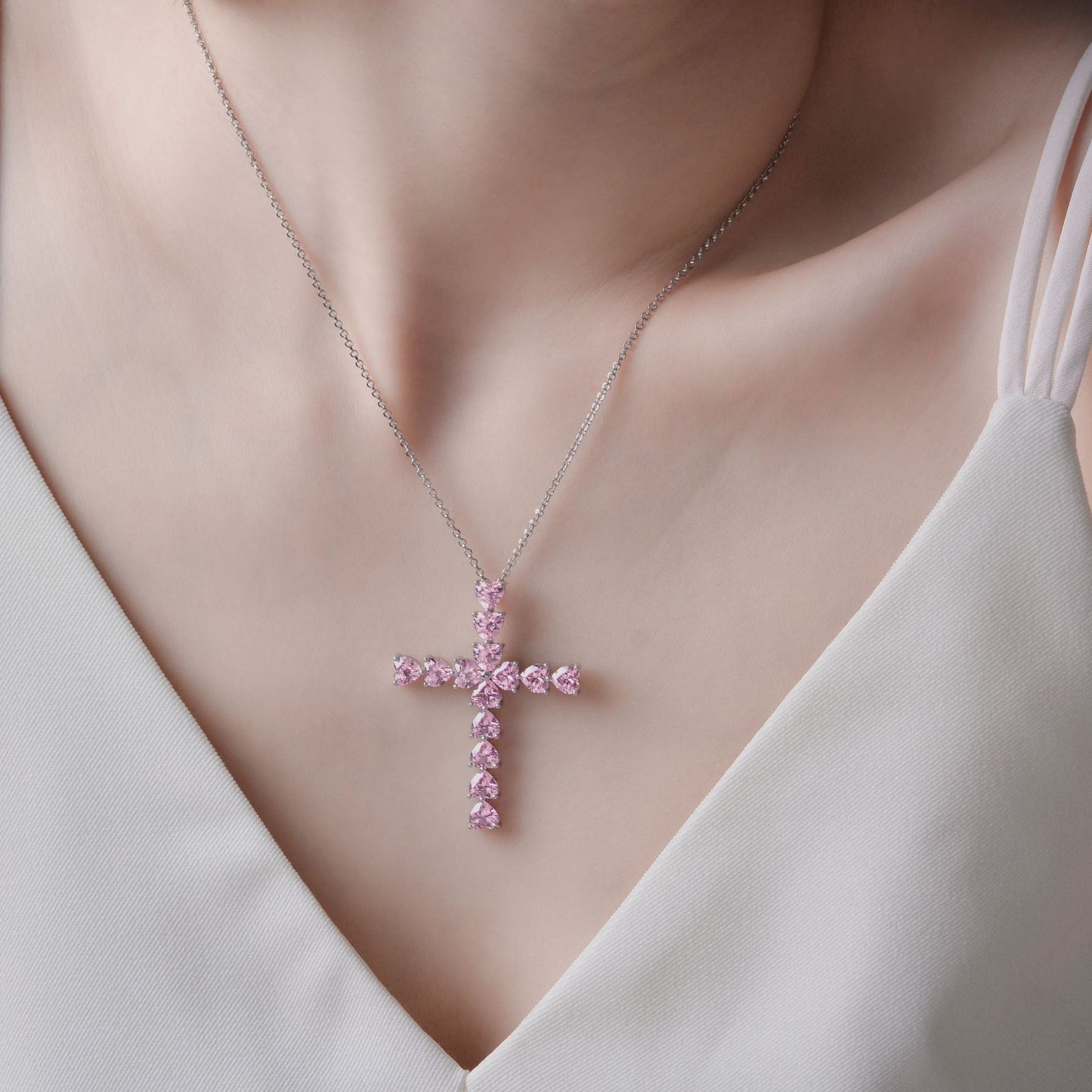 Heart Shape 5x5mm High-Carbon Diamond S925 Silver Cross Pendant Necklace   40+5cm Chain