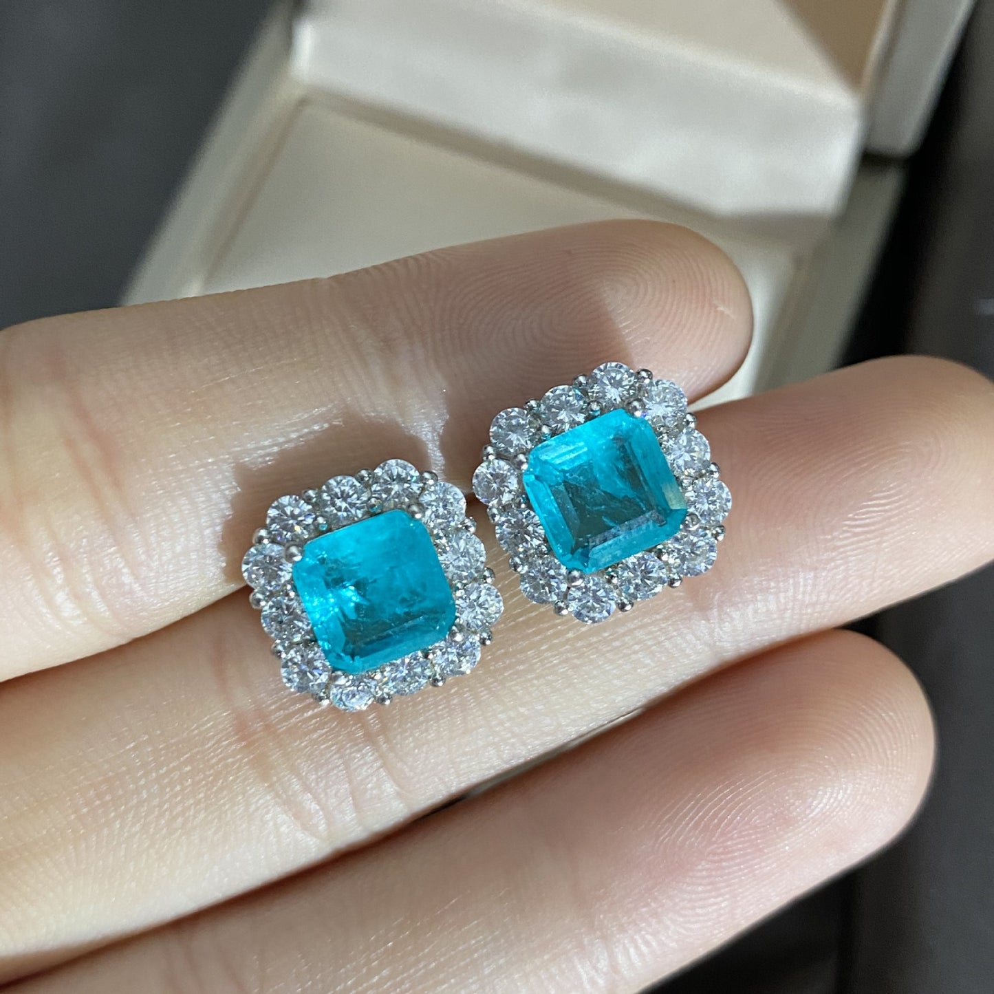 925 Sterling Silver 2ct Synthetic Paraiba 7x7mm Earrings with Luxury Full-Bezel Diamond Setting