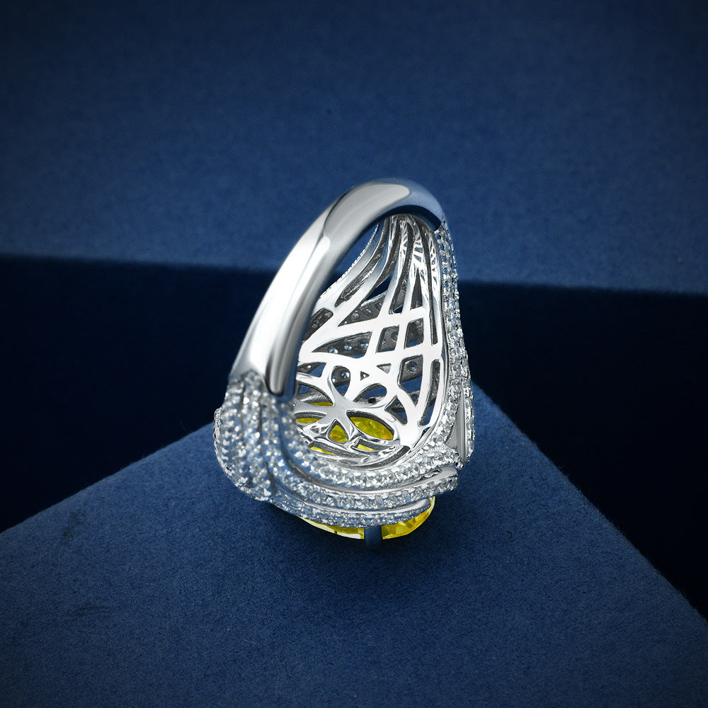 4 Carat Ice-Flower Cut Yellow High Carbon Diamond Ring – Unique Oval Design, Sterling Silver