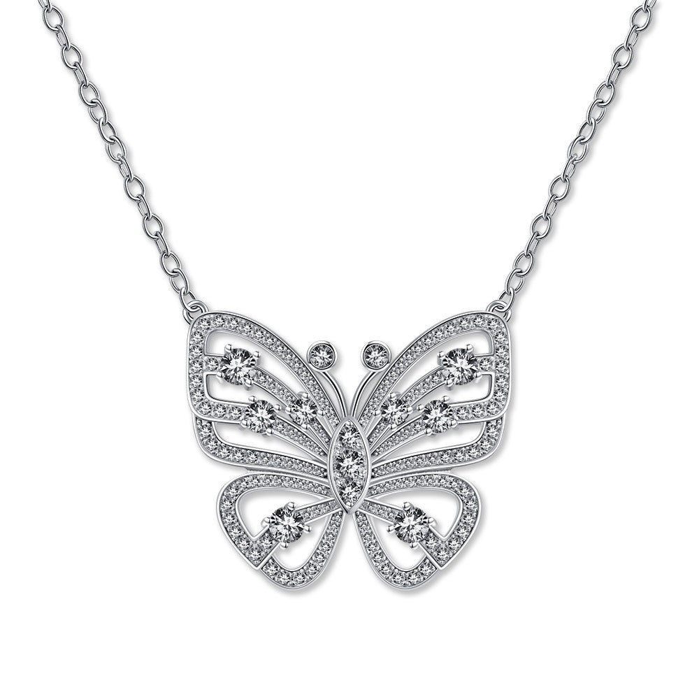 Butterfly 925 Silver Necklace for Women with Full Diamond Pendant, 40+5cm