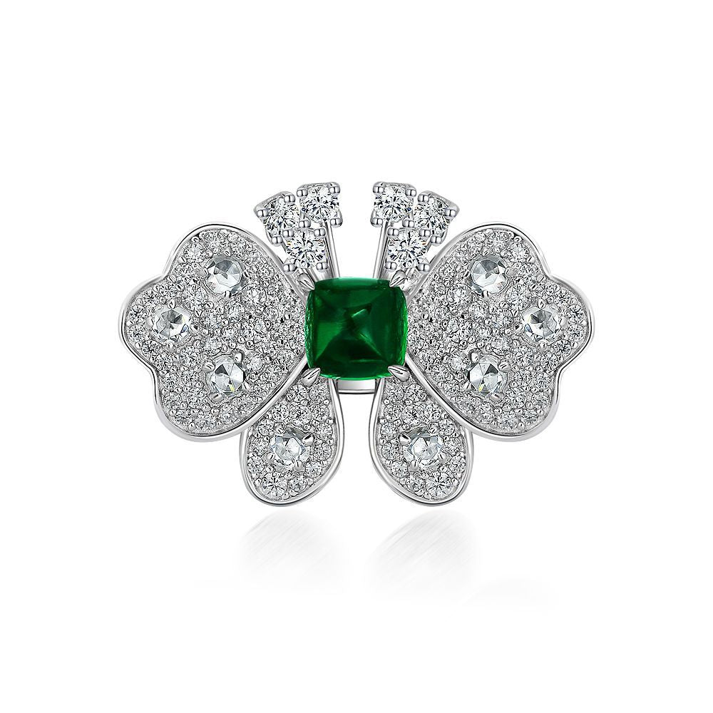 New 1.5Ct Sugarloaf 6x6mm Lab-Grown Emerald Butterfly 925 Silver Ring for Women
