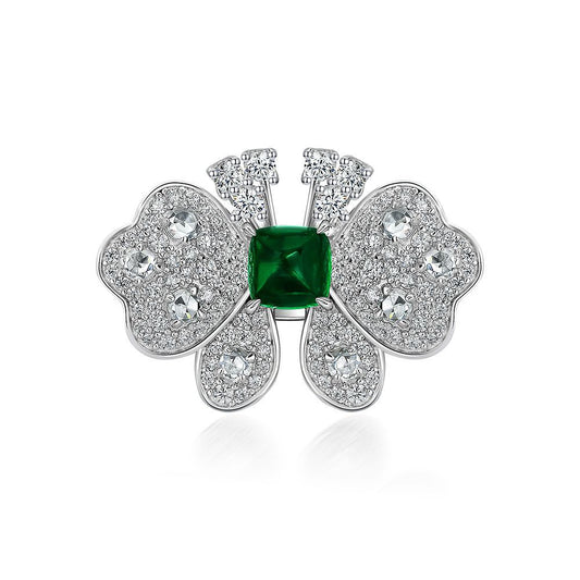 New 1.5Ct Sugarloaf 6x6mm Lab-Grown Emerald Butterfly 925 Silver Ring for Women