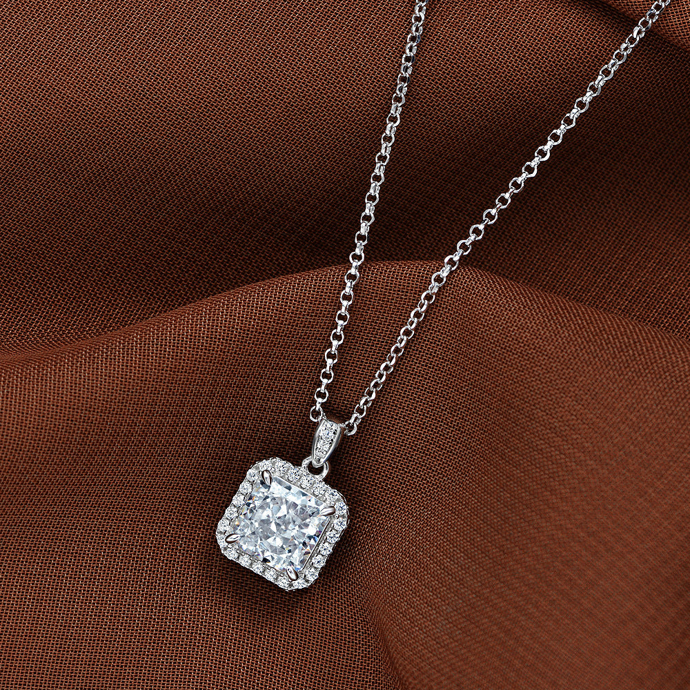New 2Ct Square 7x7mm High-Carbon Diamond 925 Silver Pendant Necklace, 40+3cm