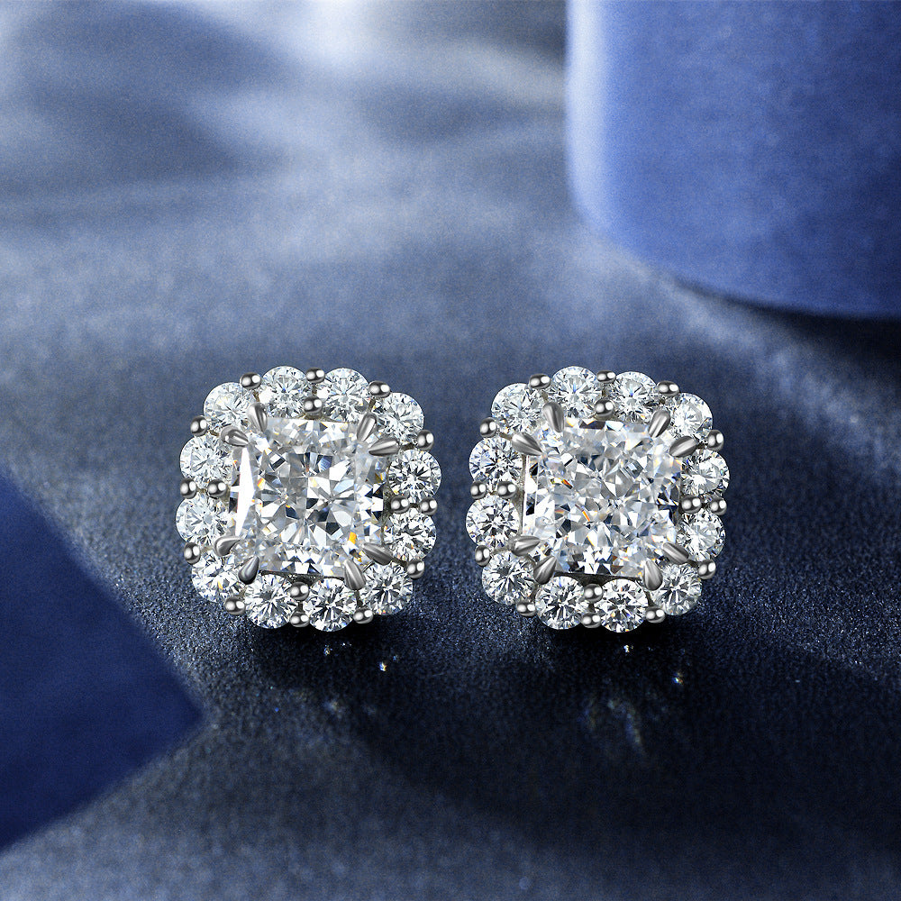 2ct Pink High Carbon Diamond Stud Earrings with 925 Sterling Silver Setting | 7x7mm Frosted Cut Minimalist Design