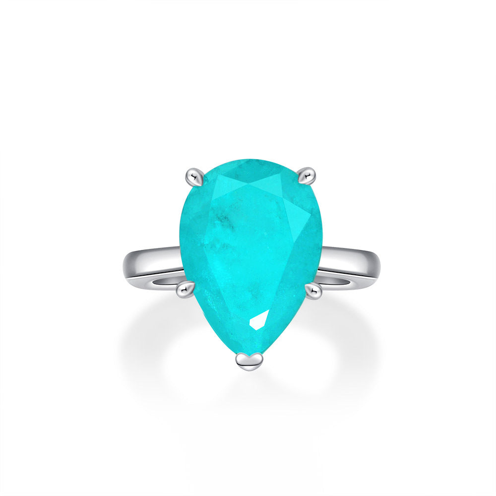 4.5 Carat 10×14mm Paraiba Blue Teardrop High Carbon Diamond Ring – Sterling Silver European Fashion Style