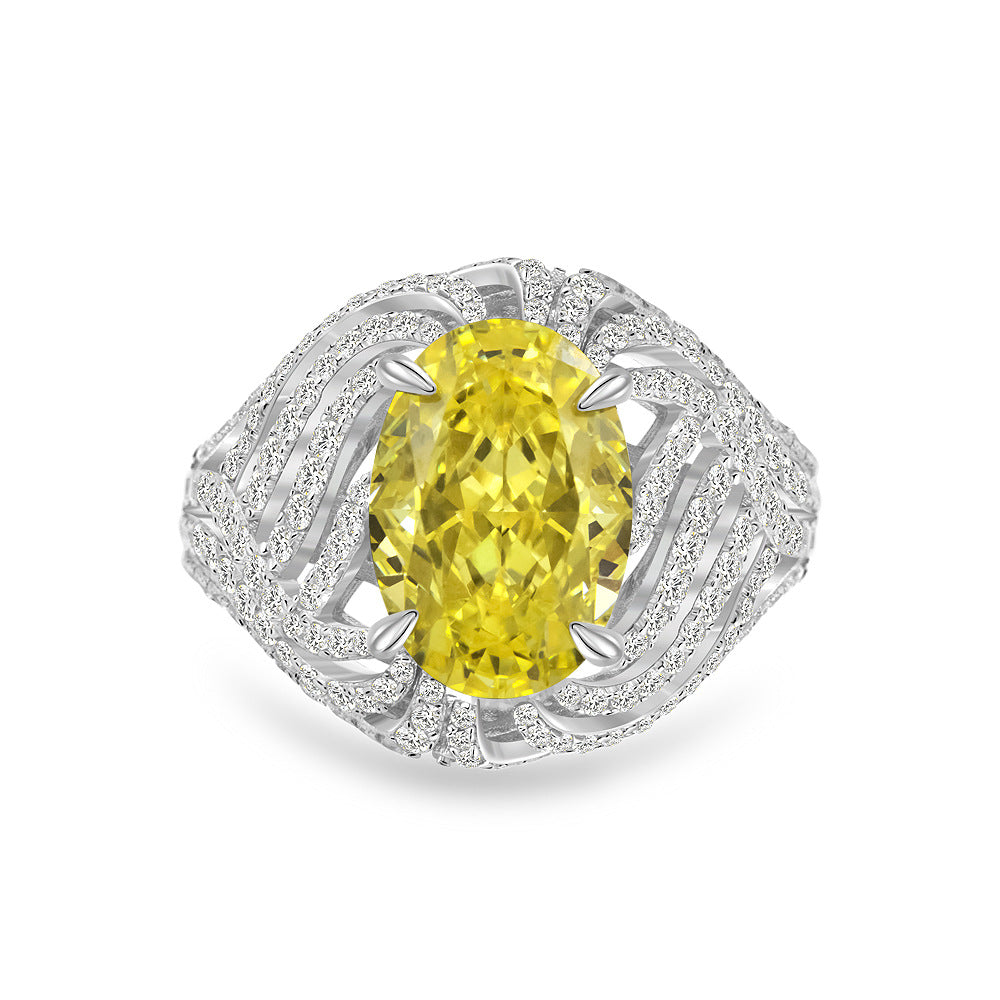 4 Carat Ice-Flower Cut Yellow High Carbon Diamond Ring – Unique Oval Design, Sterling Silver