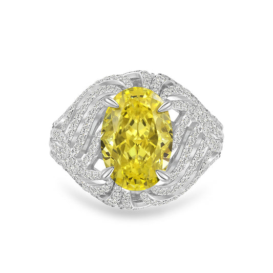 4 Carat Ice-Flower Cut Yellow High Carbon Diamond Ring – Unique Oval Design, Sterling Silver