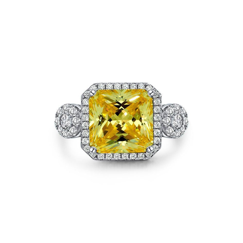 5 Carat Canary Yellow High Carbon Diamond Ring – 10×10mm Halo Design, S925 Silver 2025 Luxury Collection
