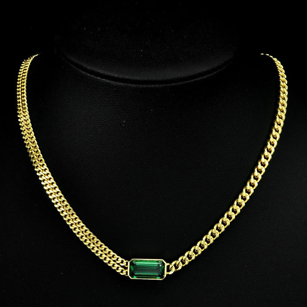 2025 New 4Ct Rectangle 7x14mm Green High-Carbon Diamond Unisex Cuban Chain, 44.5cm