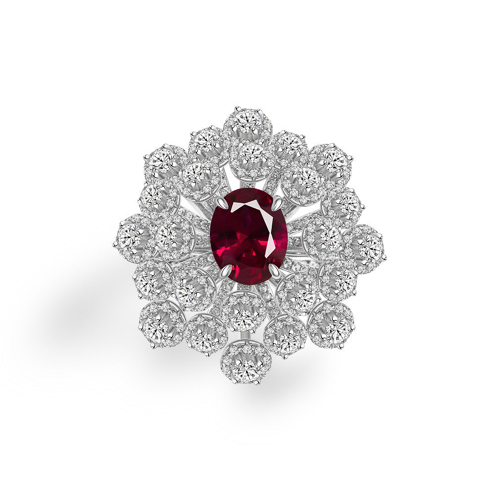 2025 New 2Ct Oval Lab-Grown Ruby 7x9mm Hand Bouquet S925 Silver Ring with Full Diamond