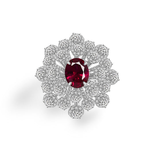 2025 New 2Ct Oval Lab-Grown Ruby 7x9mm Hand Bouquet S925 Silver Ring with Full Diamond