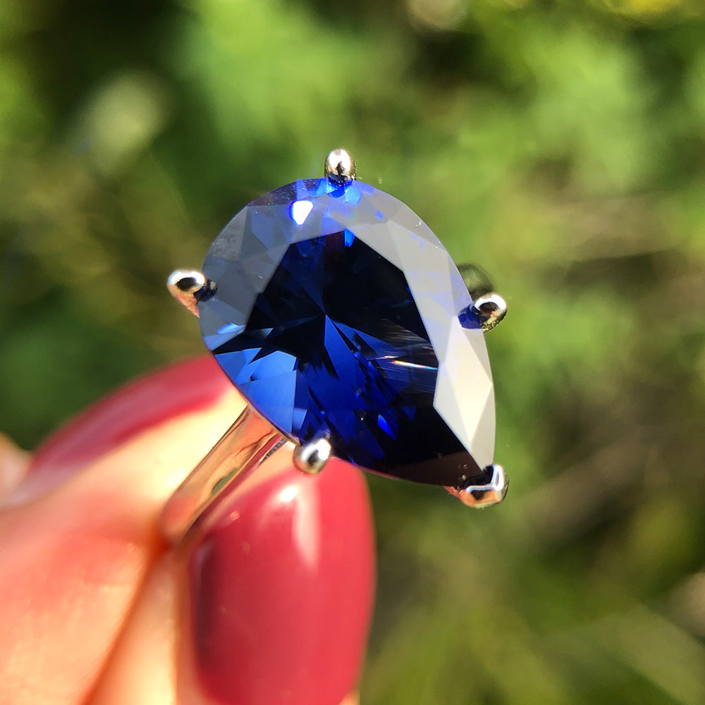 New 4.5Ct Teardrop 10x14mm Light Blue High-Carbon Diamond 925 Silver Ring