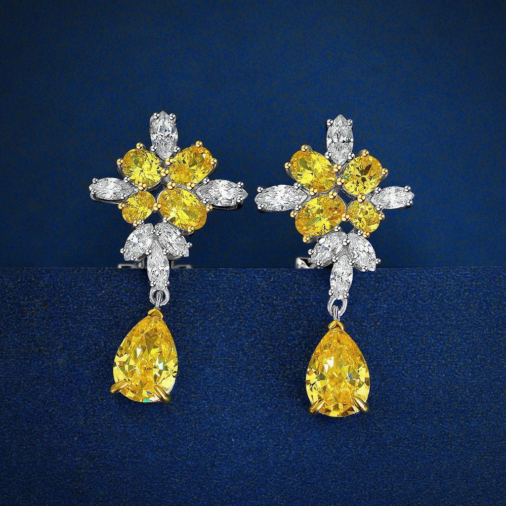 4ct Pear Frosted Cut Yellow High Carbon Diamond 7x10mm Earrings | Premium Light Luxury Ear Jewelry