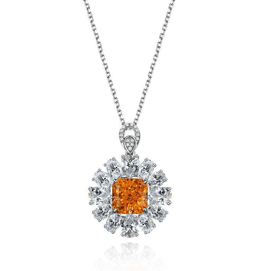 10Ct Daisy Pendant Necklace Set with Orange Rose & Ice-Cut High-Carbon Diamonds, 925 Sterling Silver, 40+3cm Chain