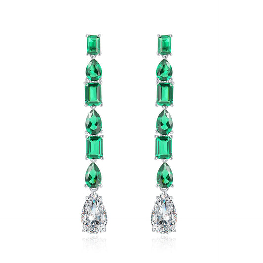 S925 Sterling Silver 1ct Green Nano 8x13mm Long Drop Earrings | European & American Style Personality Ear Jewelry for Women