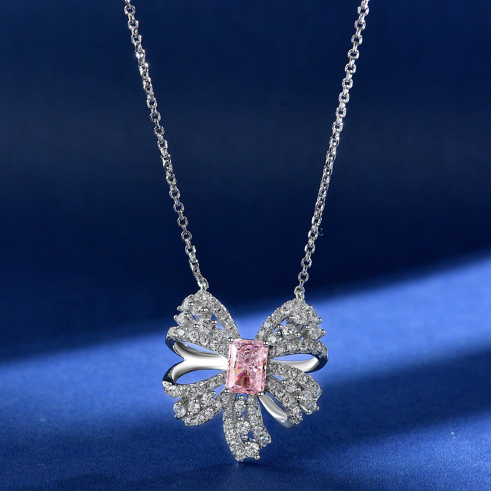 1.5Ct Rectangle 5x7mm Sakura Pink Butterfly S925 Silver Pendant Necklace, 40+5cm
