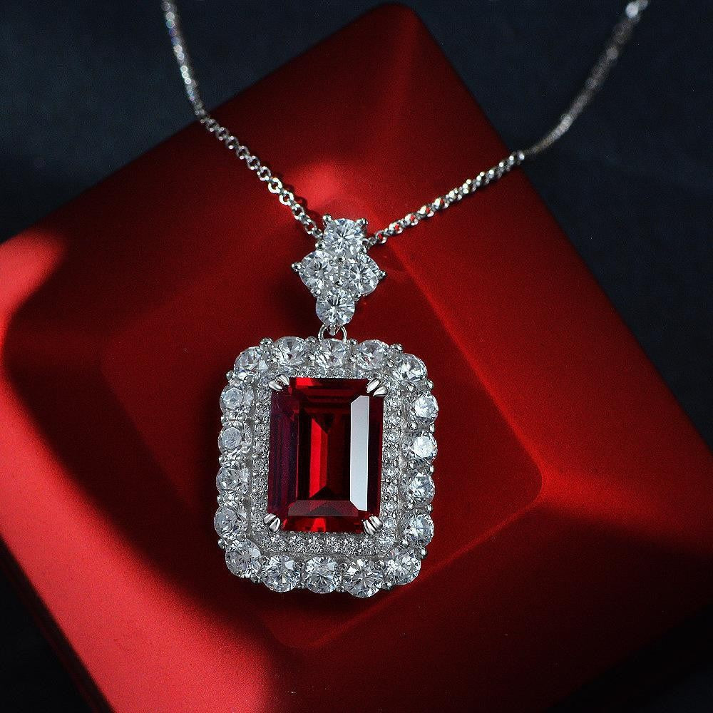 Hot Sale 10Ct Lab-Grown Ruby 10x14mm Silver Pendant with High-Grade Diamonds, 40+5cm
