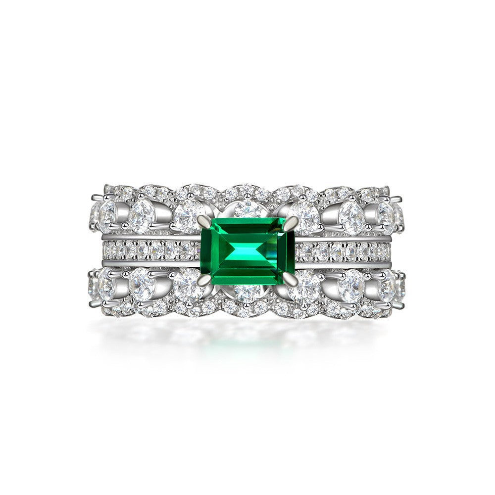 1 Carat Emerald Cut Green Diamond Ring – S925 Silver 5×7mm Double Row Pavé INS European Style