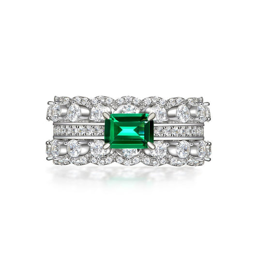 1 Carat Emerald Cut Green Diamond Ring – S925 Silver 5×7mm Double Row Pavé INS European Style