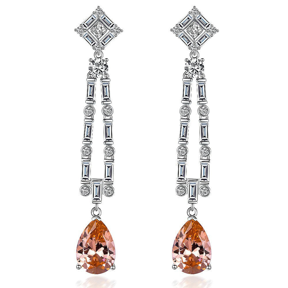 Solomon Pink 5-Carat Pear-Cut 10x14mm High Carbon Diamond Long Drop Fringe Earrings