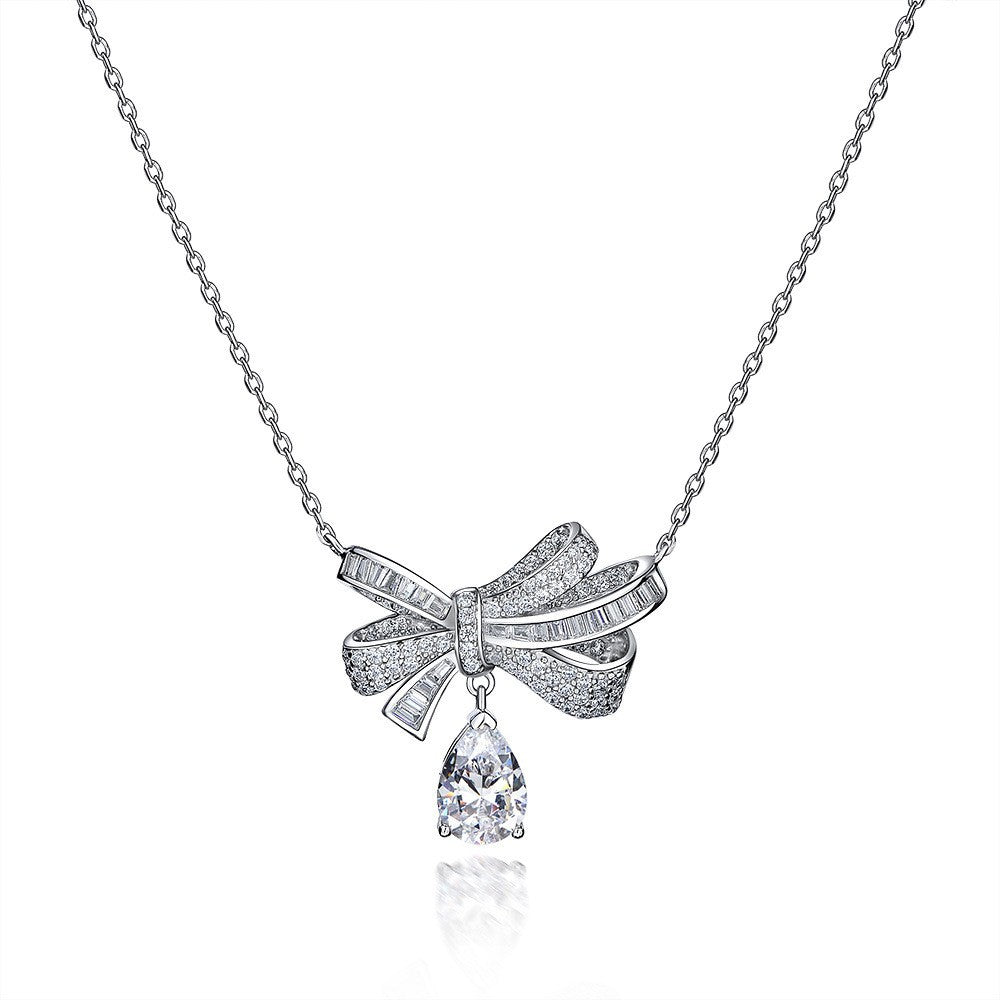 New Bow Series 1.5Ct Teardrop 7x10mm Pendant Necklace, 925 Sterling Silver, 40+5cm Chain