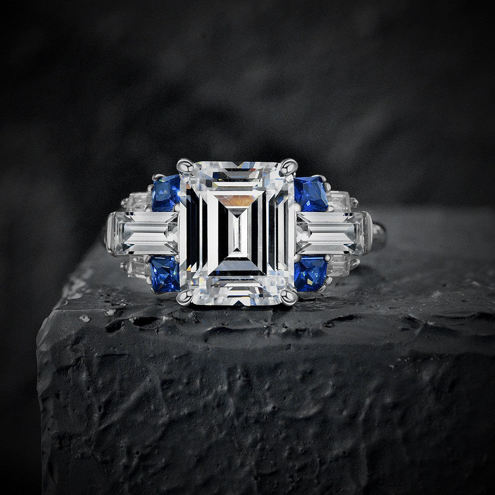 4Ct Rectangle 8x10mm Lab-Grown Sapphire S925 Silver Ring with High-Carbon Diamonds