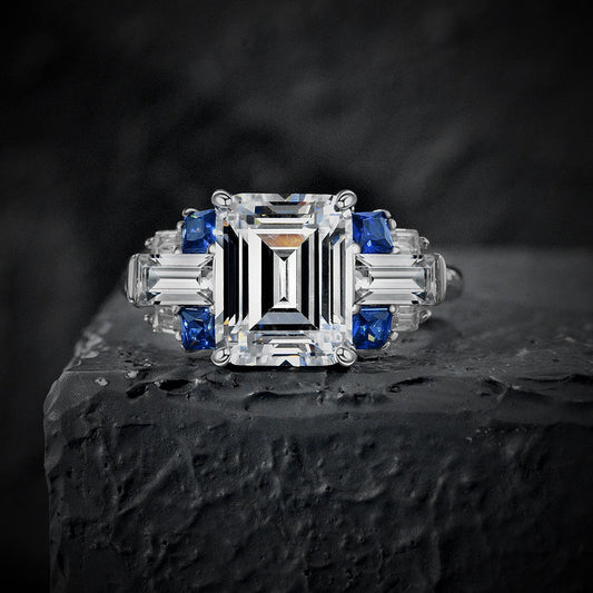 4Ct Rectangle 8x10mm Lab-Grown Sapphire S925 Silver Ring with High-Carbon Diamonds