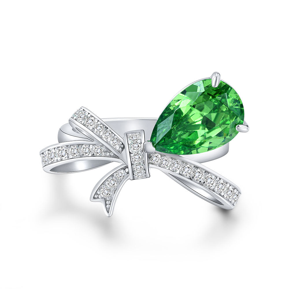 3 Carat 8×12mm Teardrop Emerald Green High Carbon Diamond Ring – Sterling Silver Ribbon Bow Luxury Jewelry